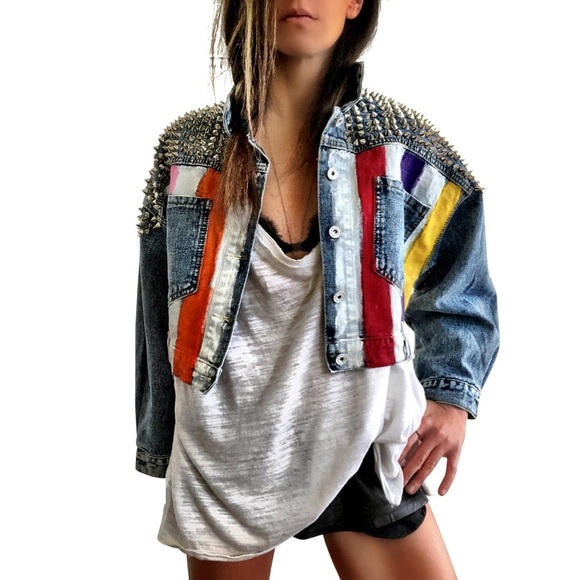 New! Wren + Glory Always Hand Painted Rainbow Spike Denim Jacket 🌈 Large - Picture 2 of 10